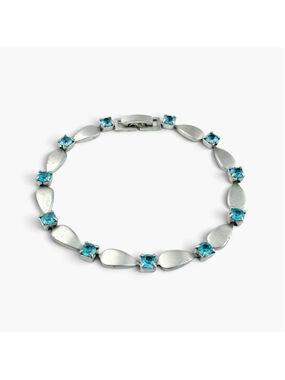 Vintage 1970s Blue Glass Bracelet, Matte Silvertone Metal, 7 Inch